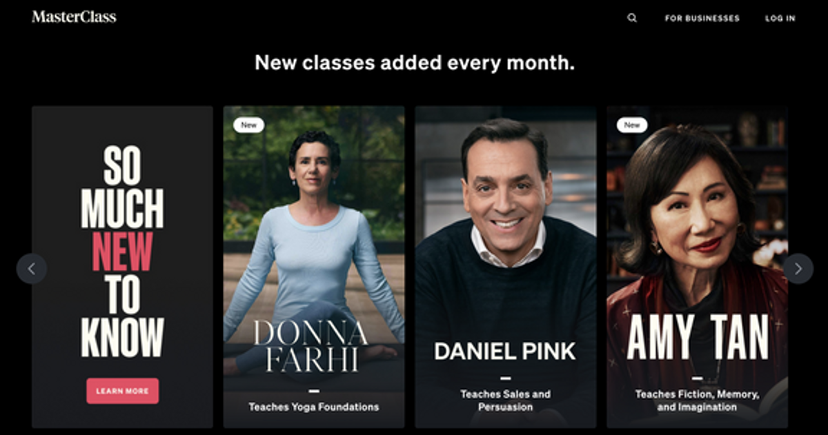 MasterClass açılış sayfası