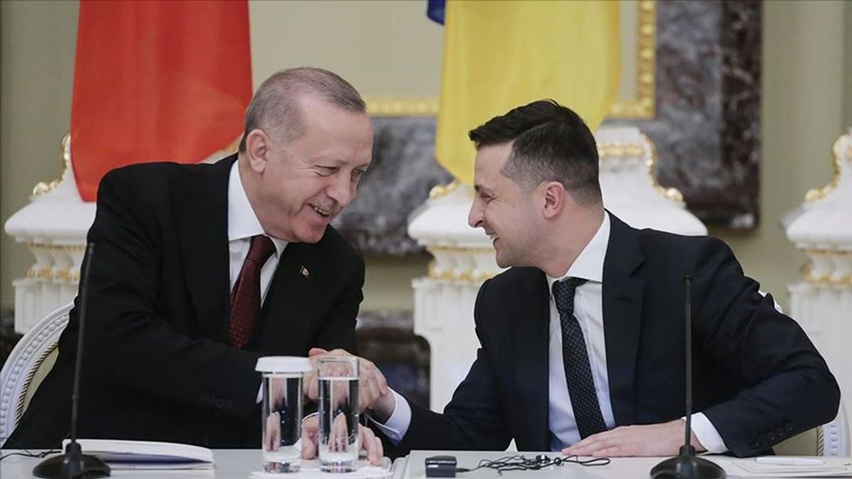 Cumhurbaşkanı Erdoğan ve Ukrayna Devlet Başkanı Zelenskiy el sıkışıyor
