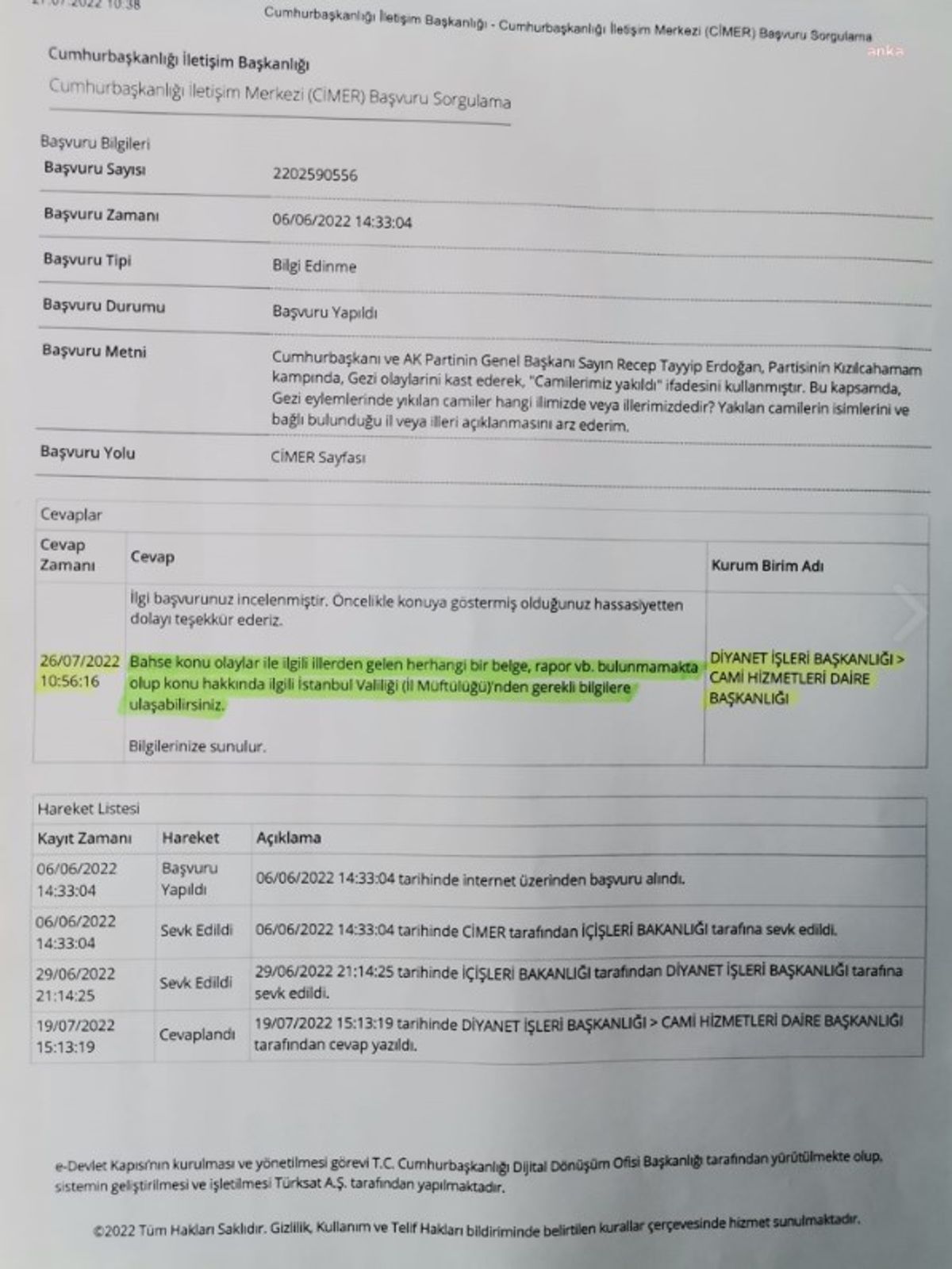 Soru önergesinin cevaplandığı belge