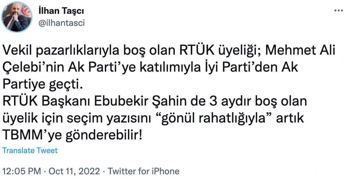 RTÜK Üyesi İlhan Taşçı'nın tweeti