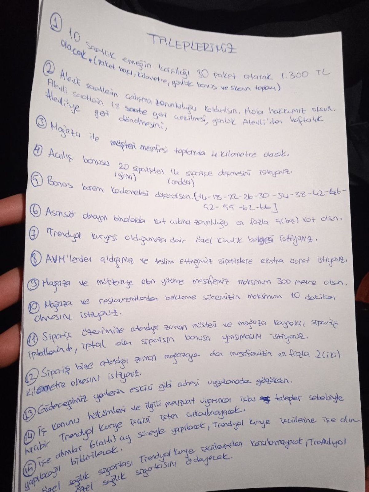 Trendyol kuryelerinin talepleri
