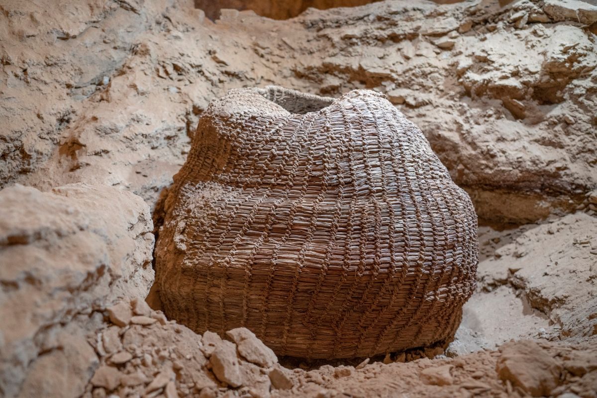 Dünyanın en eski dokuma sepeti 2021'de Muraba'at Mağarası'nda bulundu. Kuru iklim sayesinde 10.500 yıldır korunuyor. | Yaniv Berman / İsrail Eski Eserler Kurumu