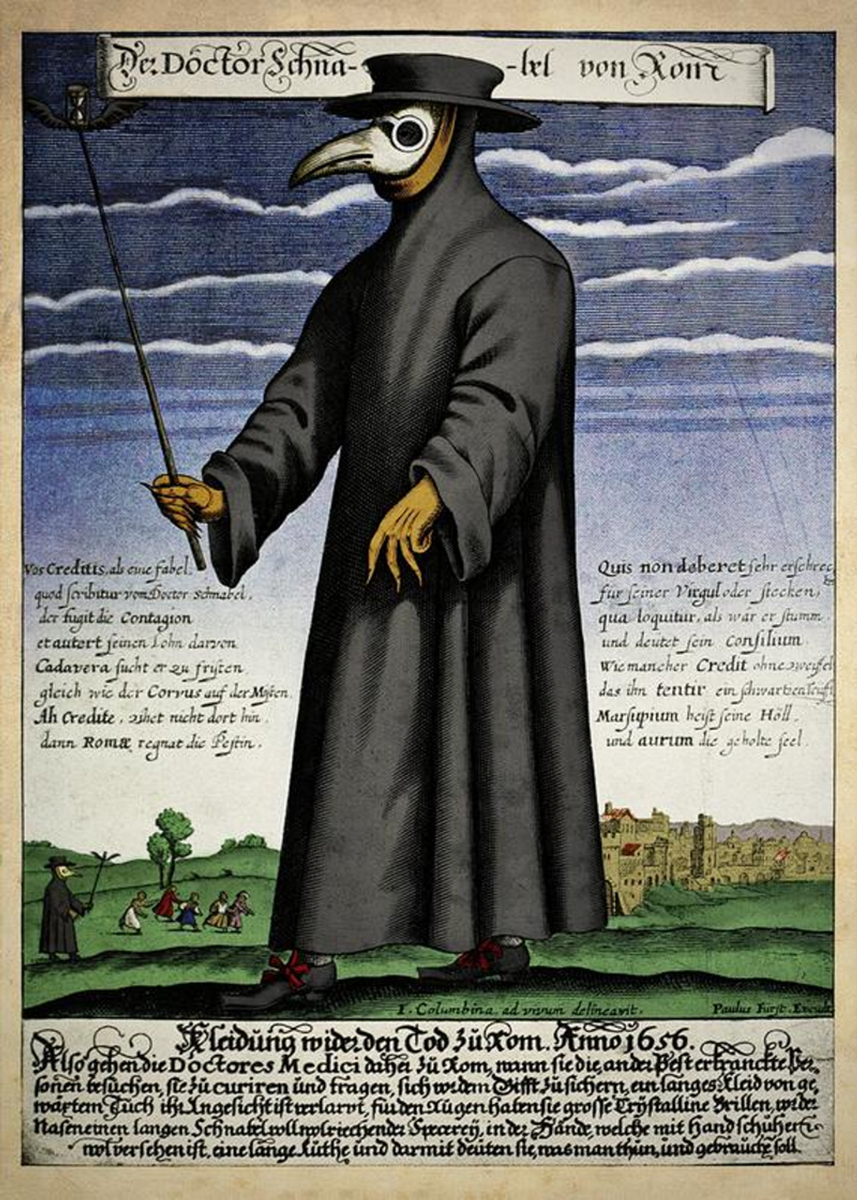 17. yüzyılda veba doktoru olan Doctor Schnabel'in Paul Fürst tarafından yayımlanan renkli bakır gravürü (yaklaşık 1656)
