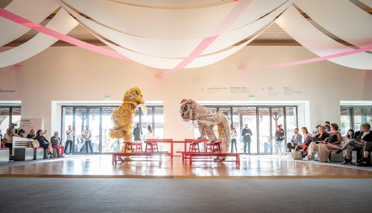 Samson Young, performance view of Muted Situation #2: Muted Lion Dance at Art Dubai 2019.