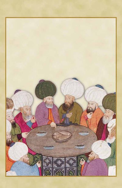 1720 yılında, Sultan III. Ahmed’in şehzadelerinin sünnet düğünü şenliklerinde balık ziyafeti. Nakkaş İbrahim’in minyatüründen ayrıntı. Surname-i Vehbi, TSMK A3594, y. 66a