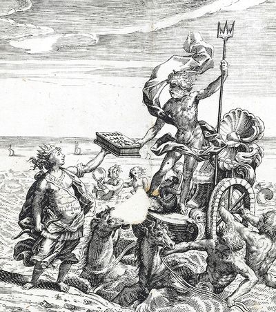 Poseidon taking chocolate from Mexico to Europe, a detail from the frontispiece to Chocolata Inda by Antonio Colmenero de Ledesma, 1644 — Source.