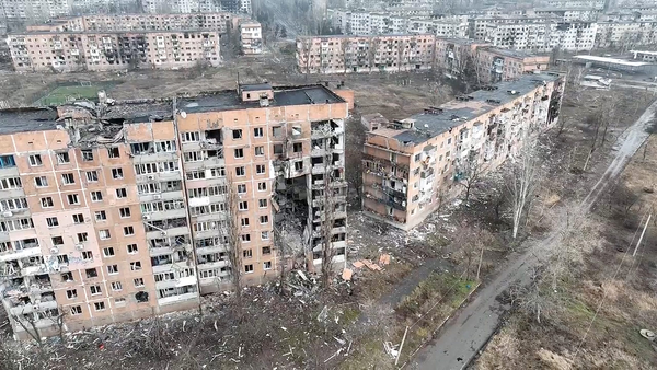 Damaged buildings in Vuhledar, Ukraine