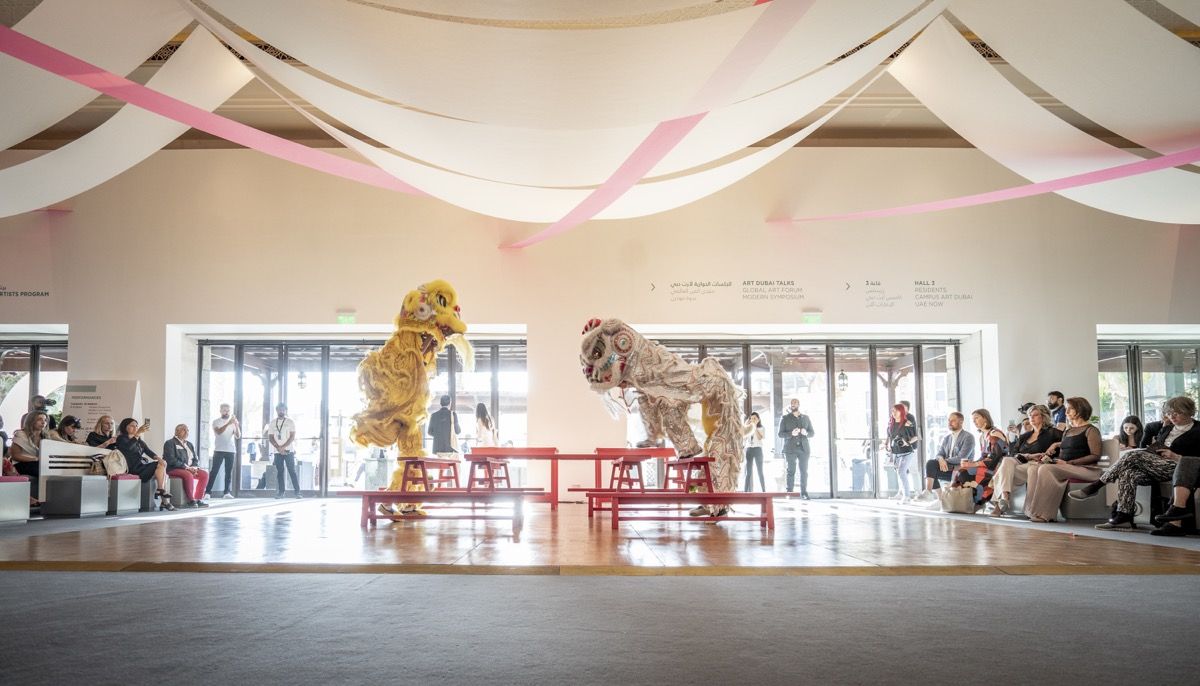 Samson Young, performance view of Muted Situation #2: Muted Lion Dance at Art Dubai 2019.